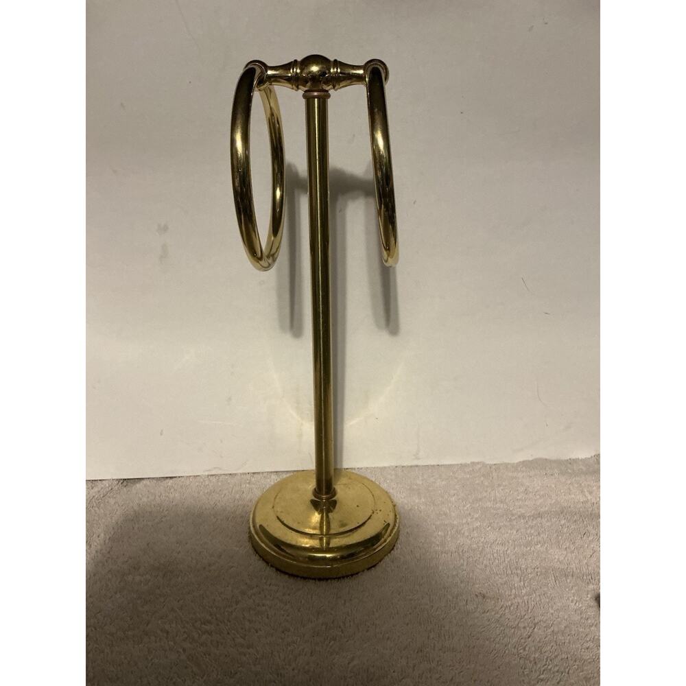 Vintage Brass Hand Towel Holder Stand Double Ring Bathroom Countertop MCM Gold - Picture 2 of 9